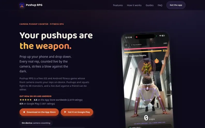 Screenshot of the Pushup RPG homepage