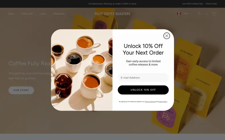 Screenshot of the Pilot Coffee Roasters homepage