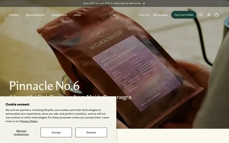 Screenshot of the Workshop Coffee homepage