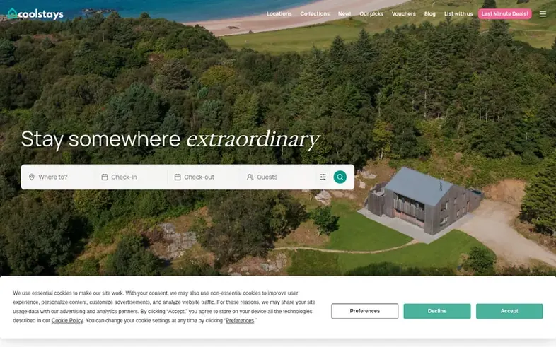 Screenshot of the Coolstays homepage
