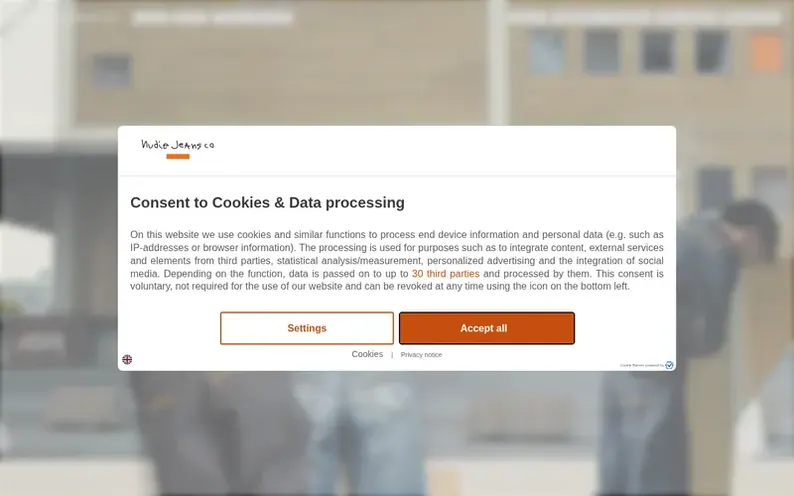 Screenshot of the Nudie Jeans homepage