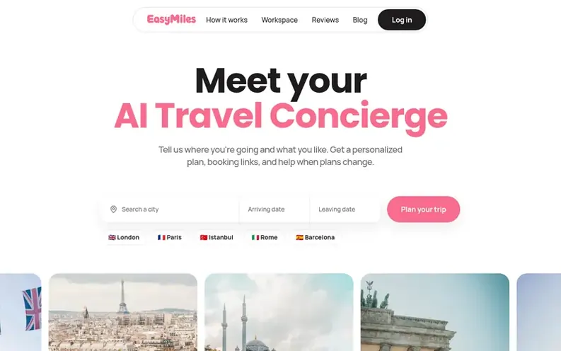 Screenshot of the EasyMiles homepage