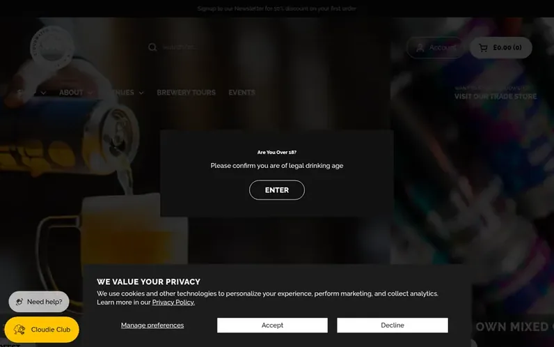 Screenshot of the Cloudwater Brew Co homepage