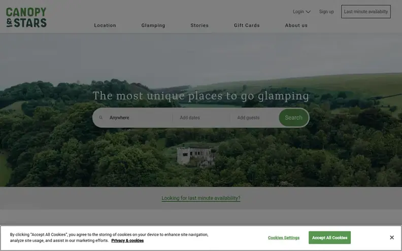 Screenshot of the Canopy & Stars homepage