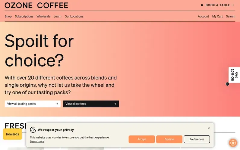 Screenshot of the Ozone Coffee homepage