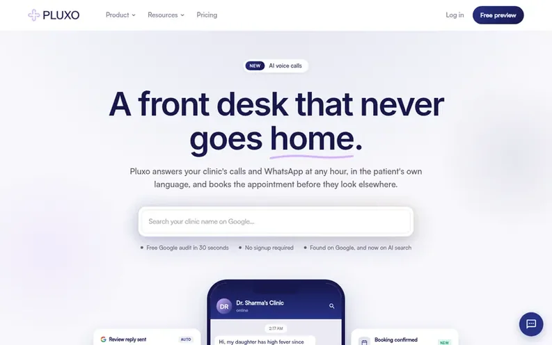Screenshot of the Pluxo homepage