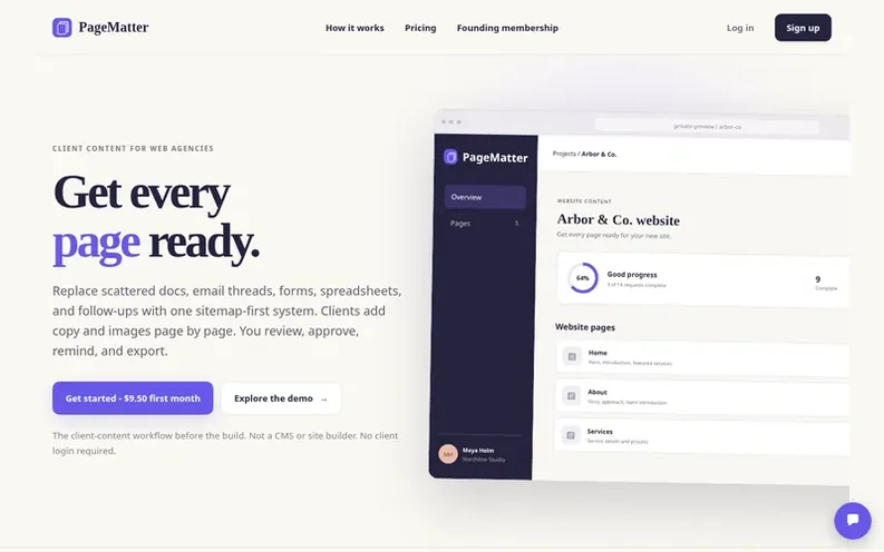 Screenshot of the PageMatter homepage
