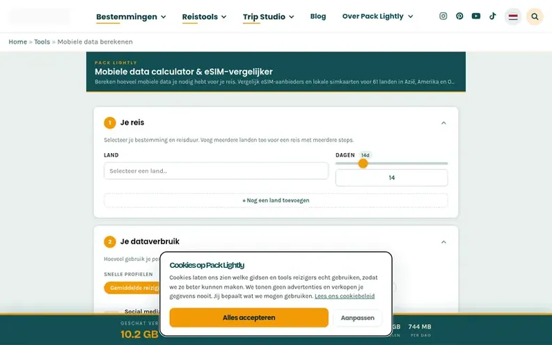 Screenshot of the Pack Lightly homepage