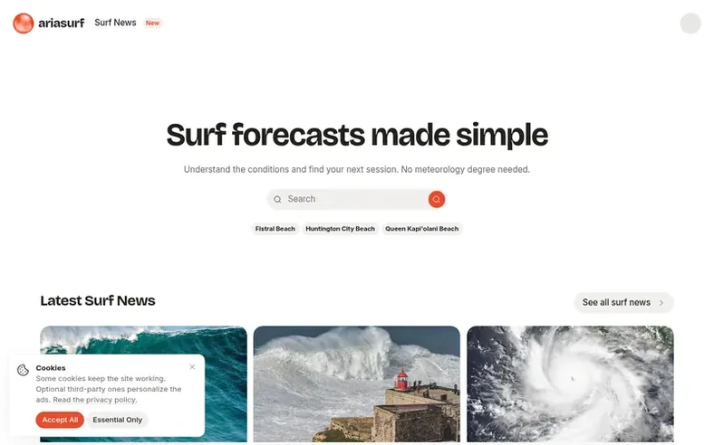 Screenshot of the ariasurf homepage