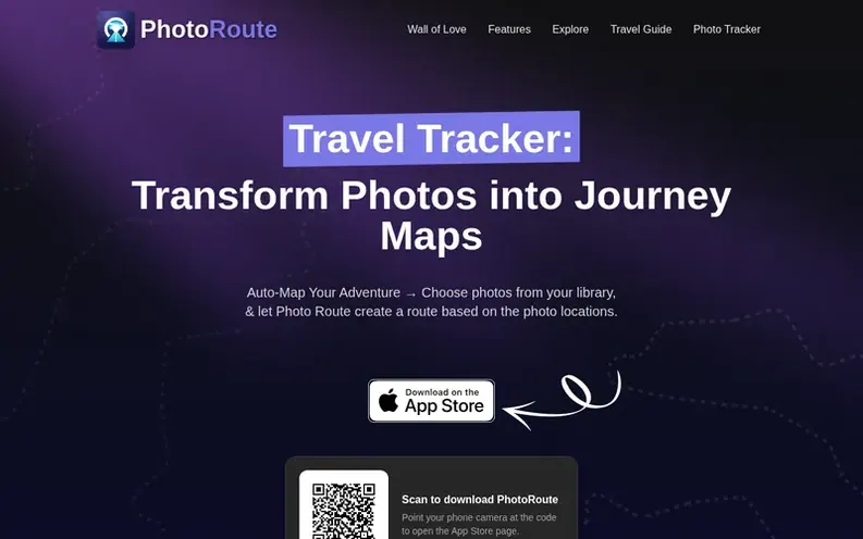 Screenshot of the PhotoRoute homepage