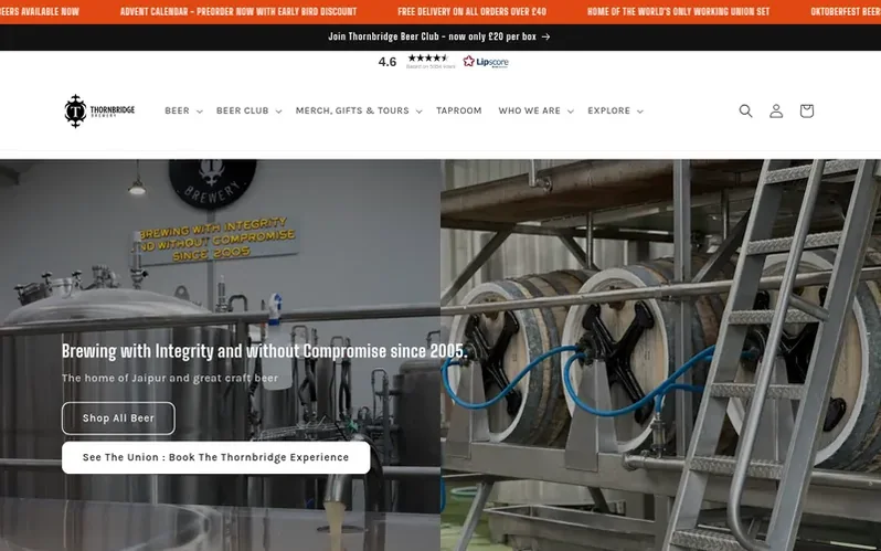 Screenshot of the Thornbridge Brewery homepage
