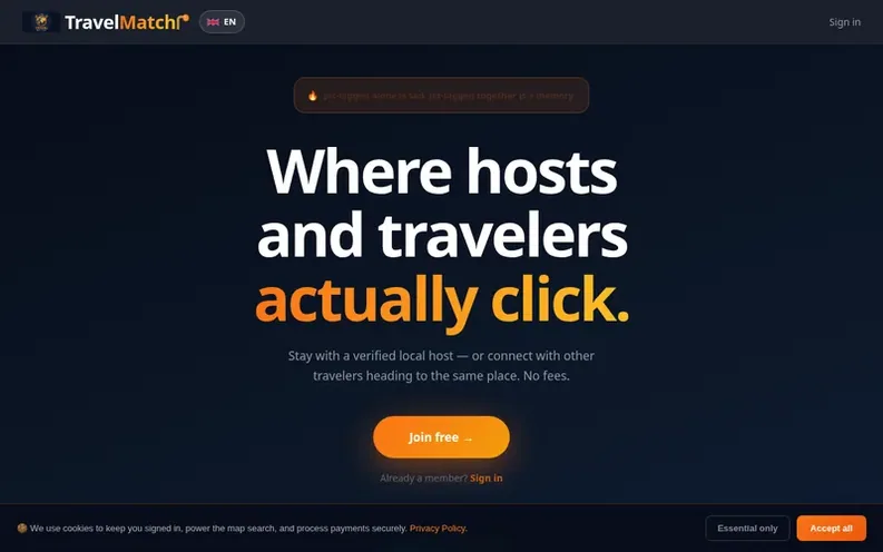 Screenshot of the TravelMatchr homepage