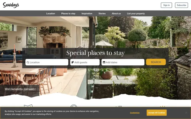 Screenshot of the Sawday's homepage