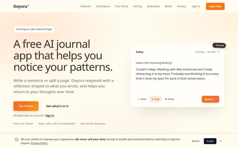 Screenshot of the Dayora homepage