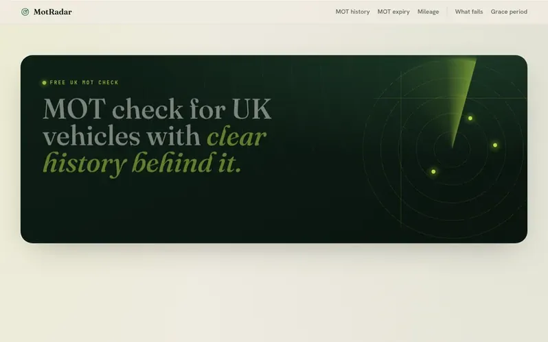 Screenshot of the MotRadar homepage